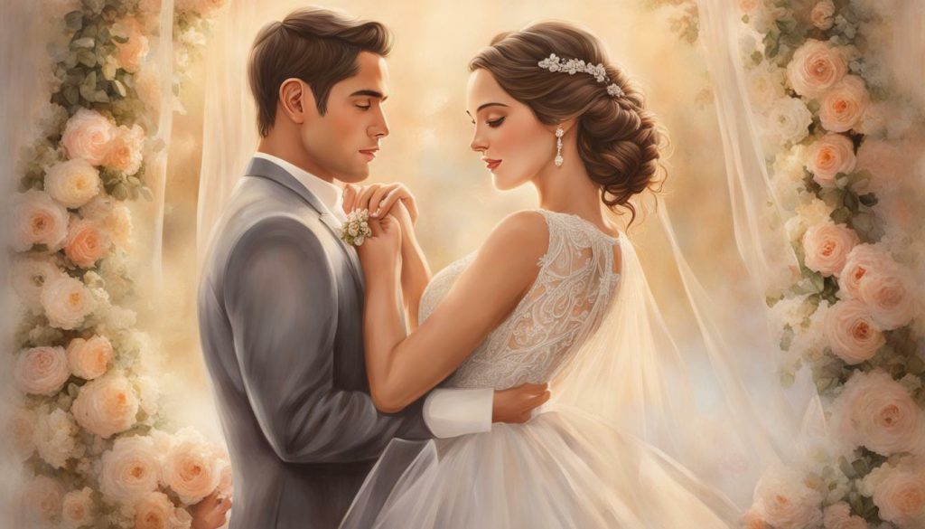 Sentimental wedding painting of a couple gazing into each other's eyes