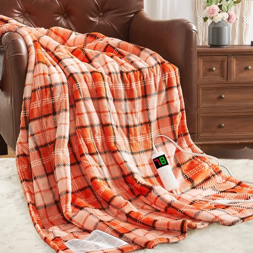 OCTROT Electric Heated Throw Blanket 50"x60", Fast Heating Blanket with Dual Control, 10 Heat Level & 5 Timer Auto Off Soft Warm Sherpa Heater Blanket for Couch Sofa, Machine Washable (Orange Paid)