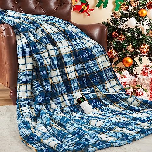 OCTROT Electric Heated Blanket Throw 50"x60", Fast Heating Blanket with Dual Control, 10 Heat Level & 5 Timer Auto-Off Soft Warm Checkered Plaid Sherpa Blanket for Couch Sofa, Machine Washable (Blue)