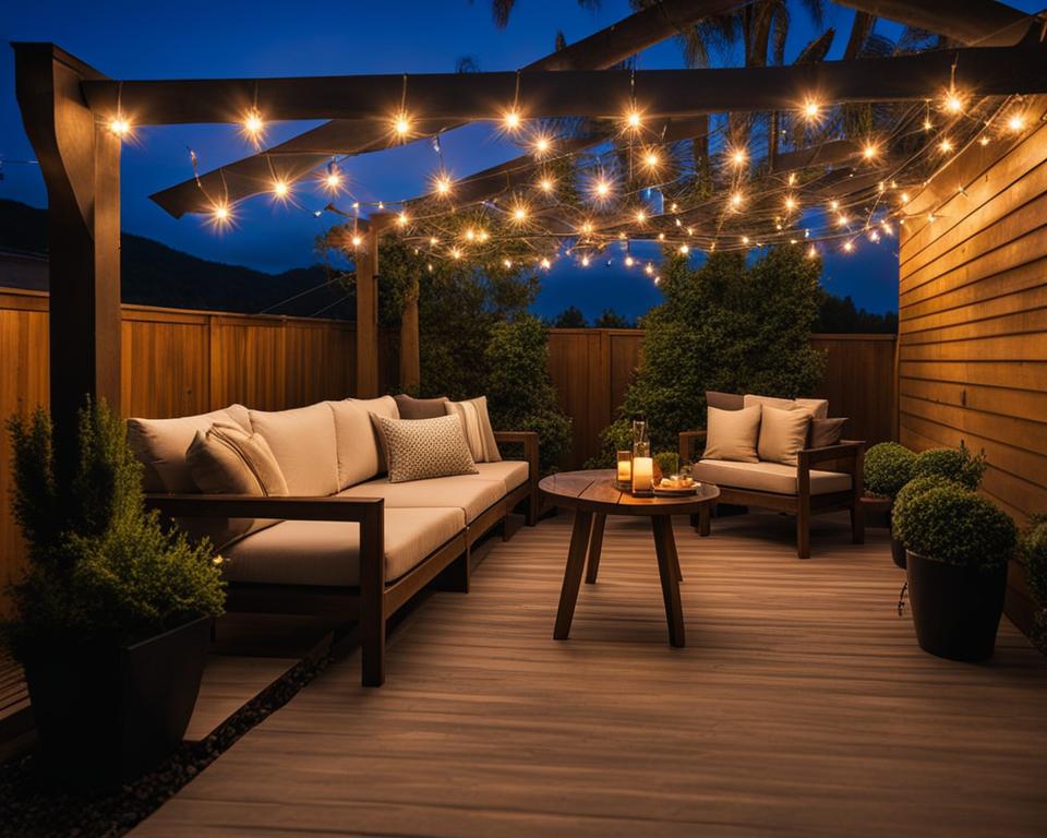 outdoor seating area illuminated with LED string lights